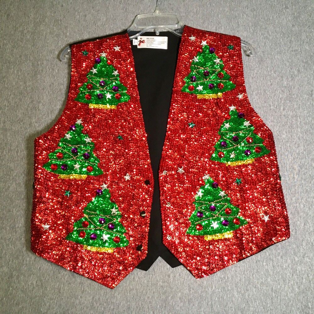 JC Brand Vintage 001 USA Red Sequin Christmas Tree Festive Formal Vest Sz L 36